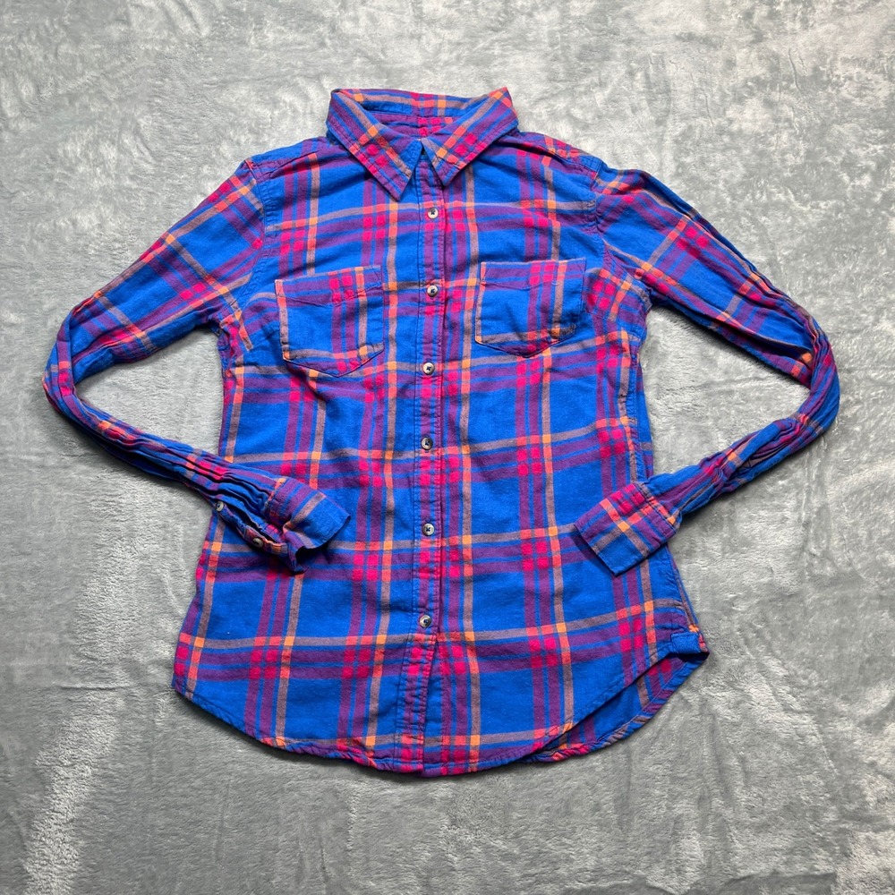 SO‎ Plaid Flannel Button Down Shirt Womens Blue Pink Orange Long Sleeve Small